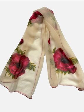 Echo Design Sheer Poppy Floral Scarf Ivory Red Oblong Wrap Romantic Spring